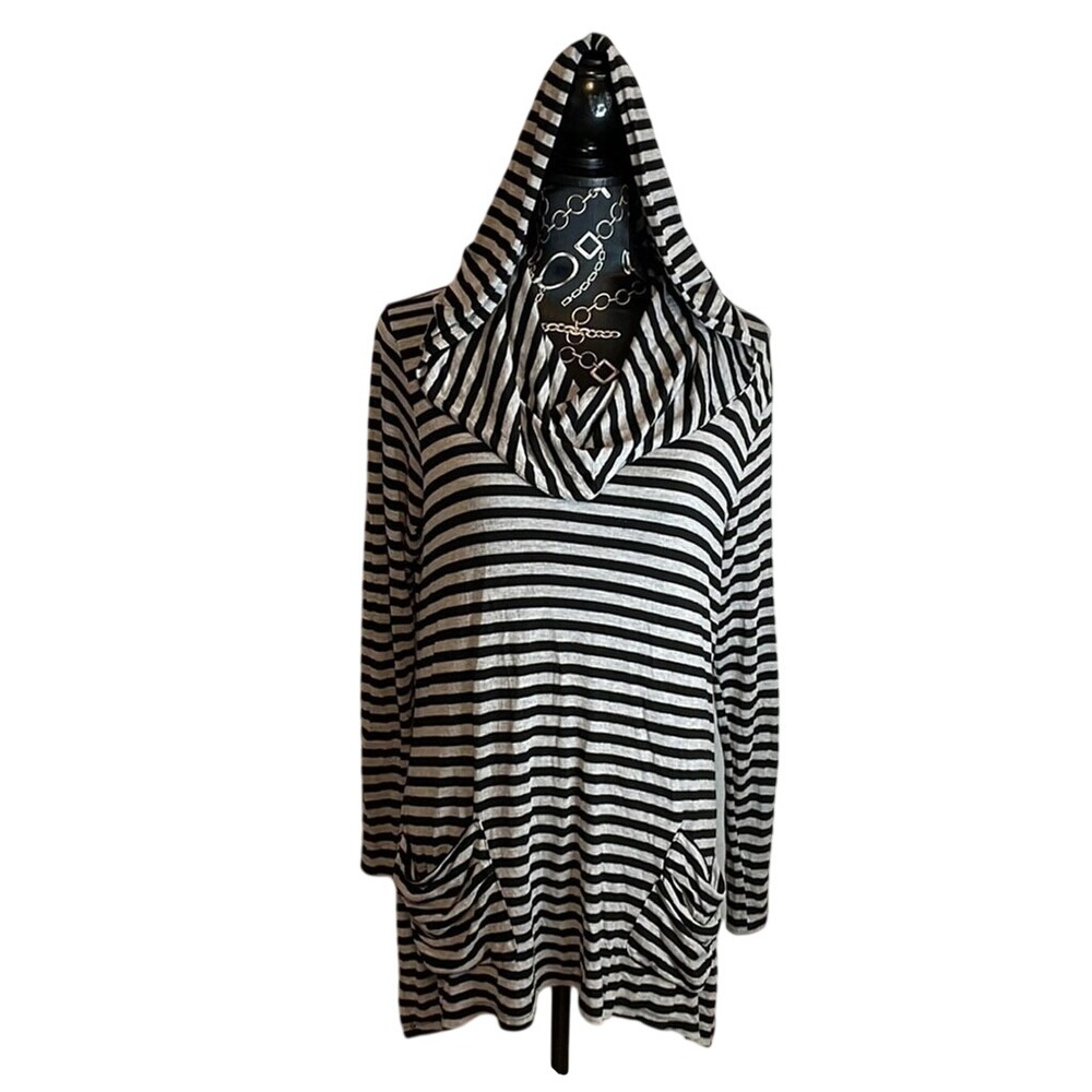 Westbound Womens Large Black Grey Striped Hooded Cowl Neck Tunic Pockets Lโ